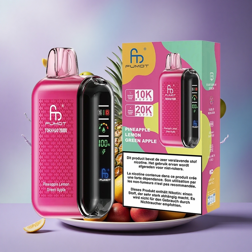 Fumot Tornado 20000 Puffs Abacaxi Limão Maçã Verde com Dual Mesh Coil e 850mAh