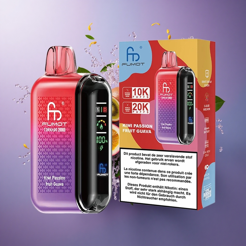 Fumot Tornado 20000 Puffs Maracujá Kiwi Goiaba com Dual Mesh Coil e 850mAh