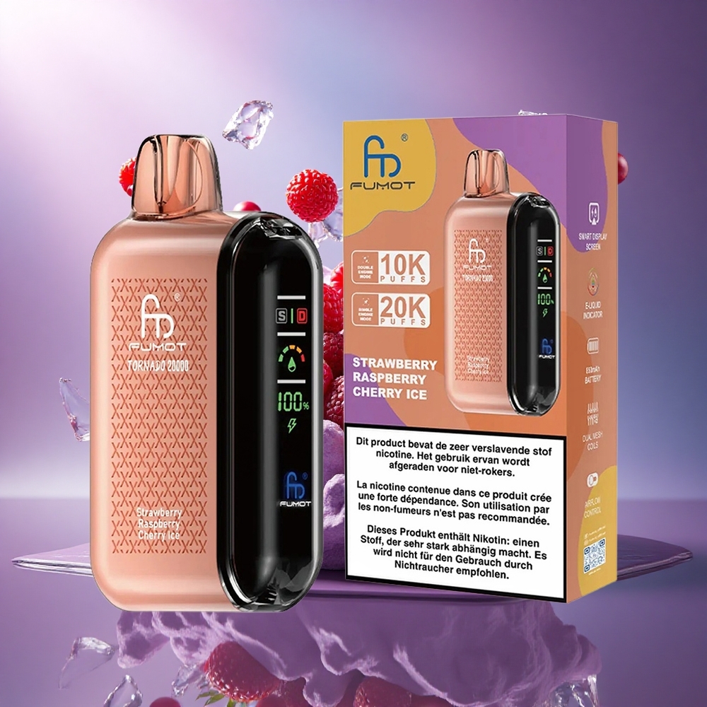Fumot Tornado 20000 Puffs Morango Framboesa Cereja Gelo com 850mAh e Controle de Fluxo de Ar