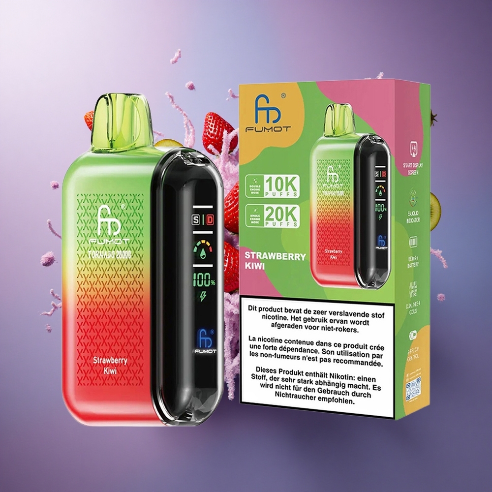 Fumot Tornado 20000 Puffs Morango Kiwi com Bateria 850mAh e Controle de Fluxo de Ar