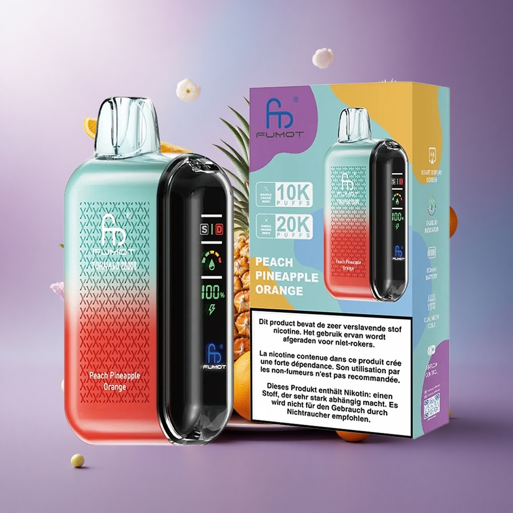 Fumot Tornado 20000 Puffs Pêssego Abacaxi Laranja com Bateria Recarregável 850mAh e Resistência Dual Mesh