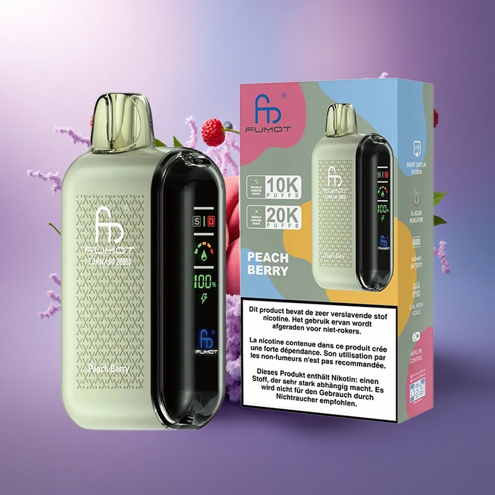 Fumot Tornado 20000 Puffs Pêssego Frutas Vermelhas com Bateria 850mAh e Nicotina 2