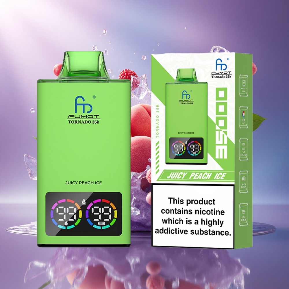 Fumot Tornado 35000 Puffs Pêssego Suculento Gelo com Bateria 700mAh e Indicador de E-líquido