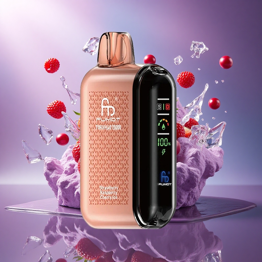Fumot Tornado 20000 Puffs Morango Framboesa Cereja Gelo com 850mAh e Controle de Fluxo de Ar