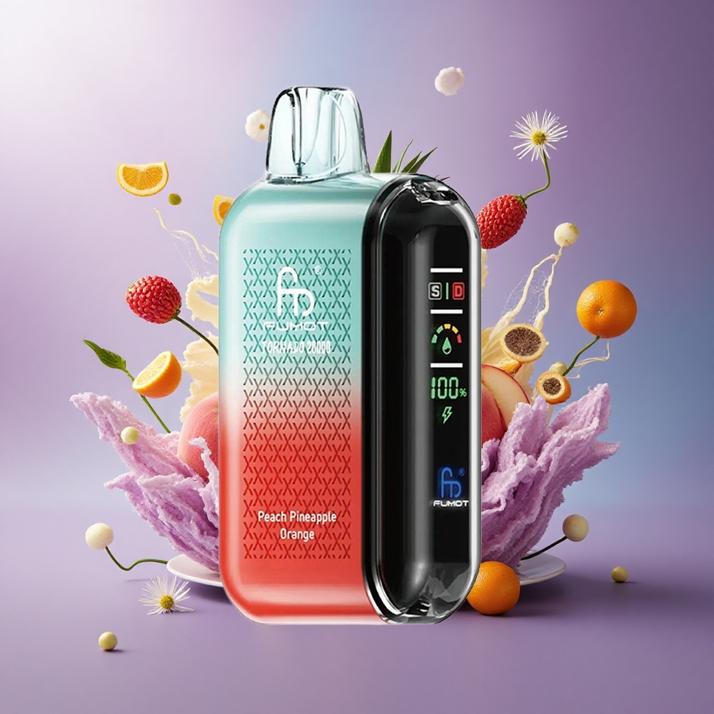 Fumot Tornado 20000 Puffs Pêssego Abacaxi Laranja com Bateria Recarregável 850mAh e Resistência Dual Mesh