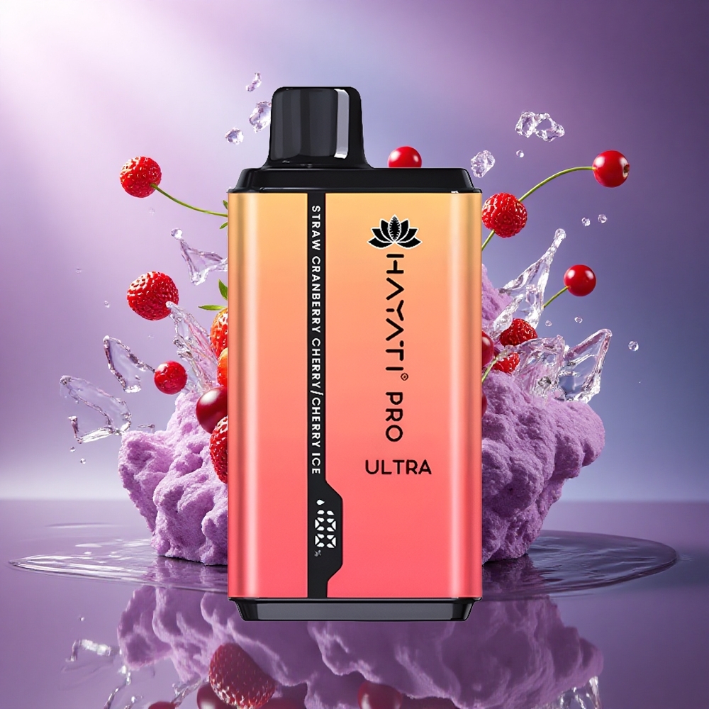 Hayati Pro Ultra 15000 Puffs Morango Oxicoco Cereja Gelo com 850mAh e 2 Nicotina