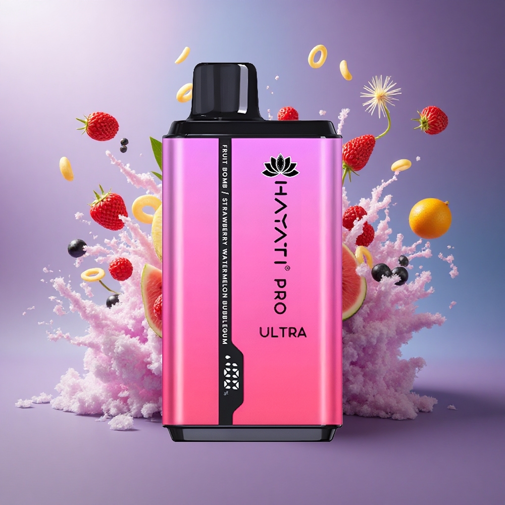 Hayati Pro Ultra 15000 Puffs Bomba de Frutas Morango Melancia Chiclete com 850mAh e 2 de Nicotina